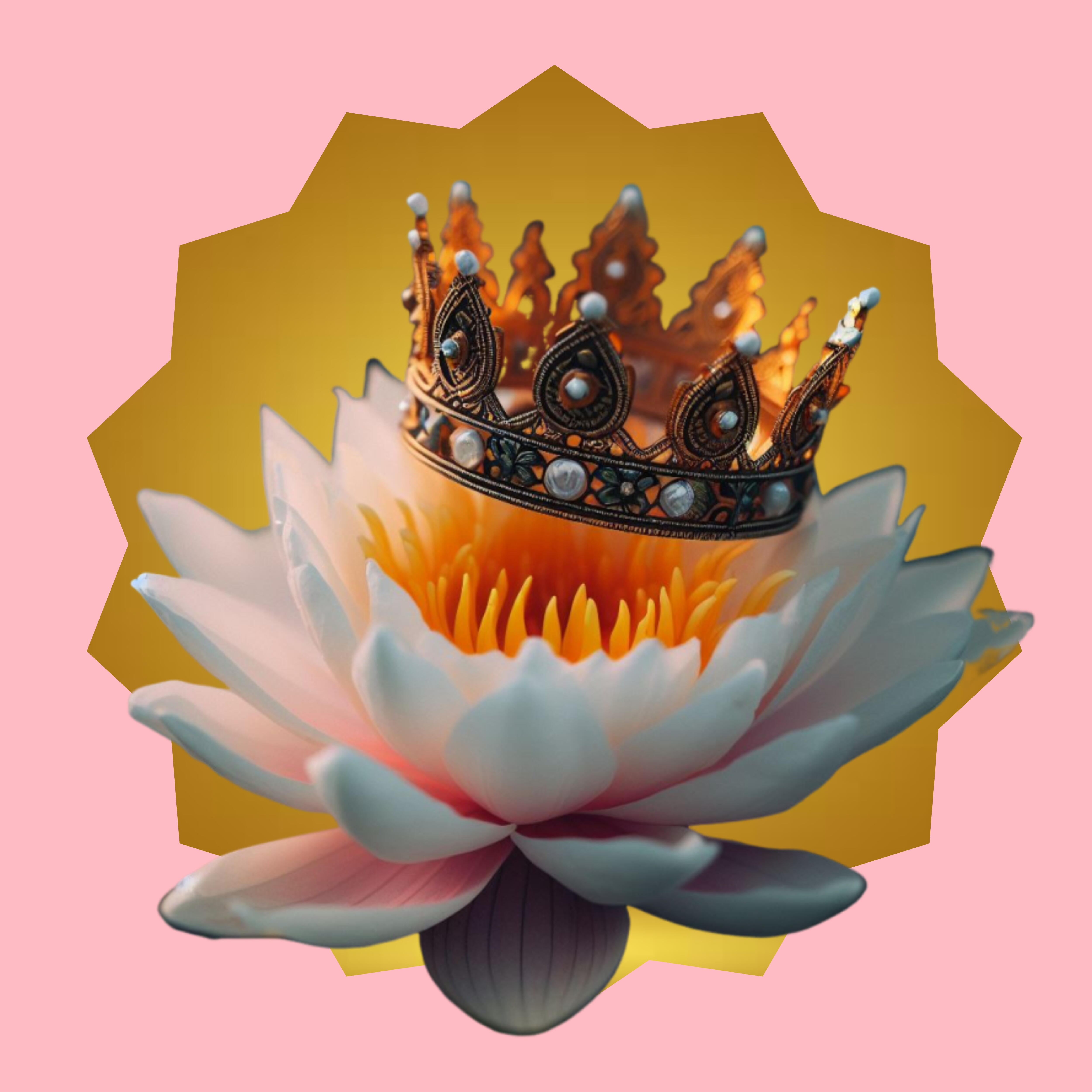 Flor vitória régia usando uma coroa sobre fundo rosa com dourado