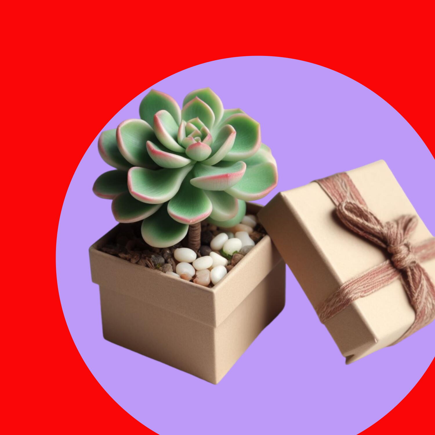 Planta jade dentro de uma caixa de presente sobre fundo vermelho e roxo