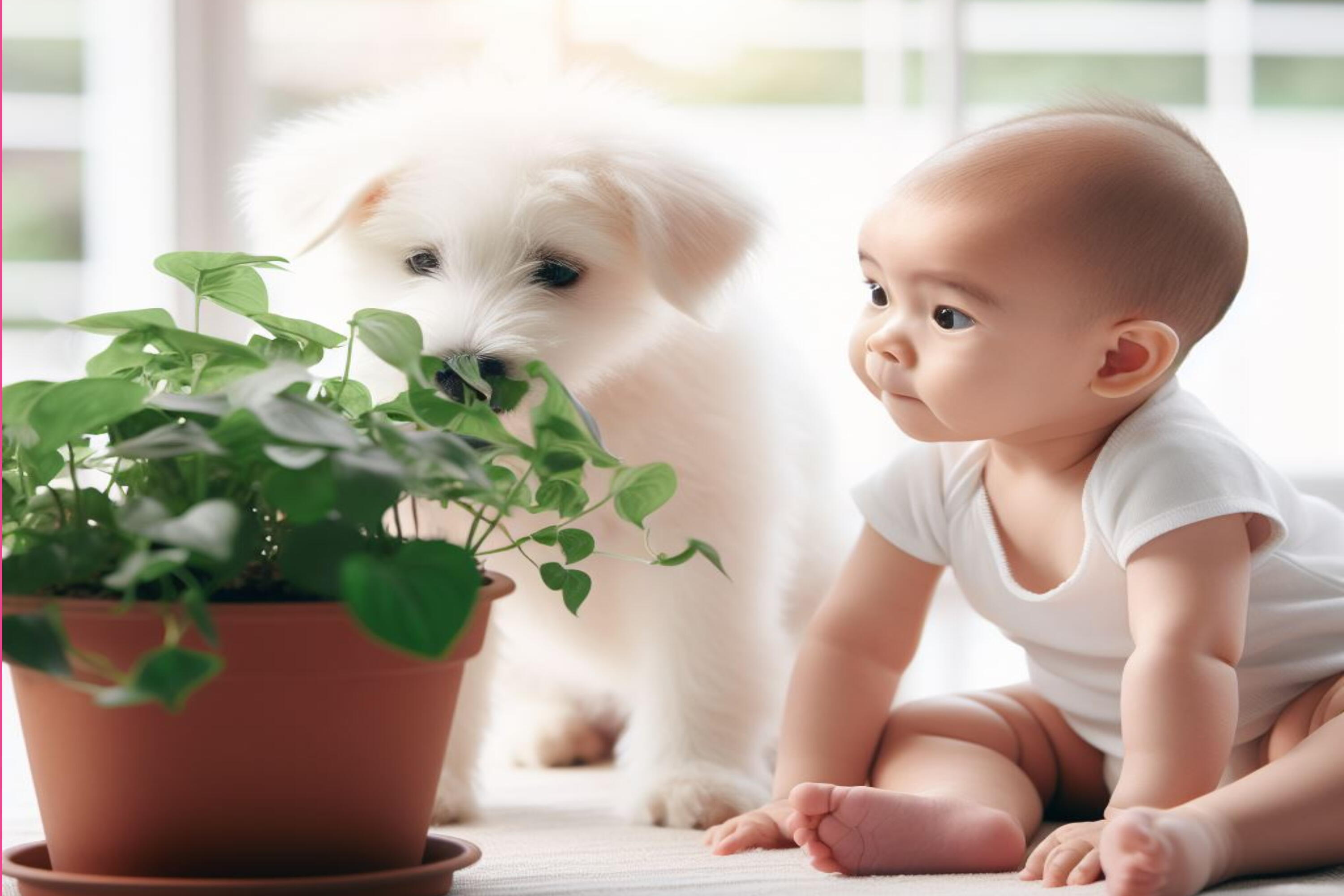 Cachorro e bebê olhando para um vaso com planta
