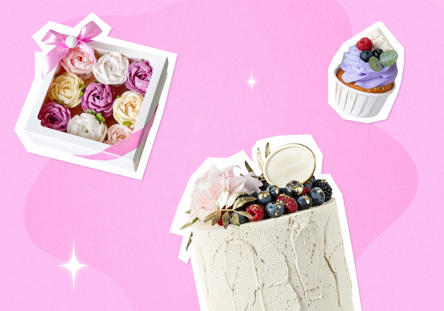 Bolo, cupcake e caixa de presentes sobre fundo rosa