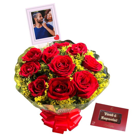 Buquê com 10 Rosas personalizado com foto e Doce Mensagem- Cia do Cacau