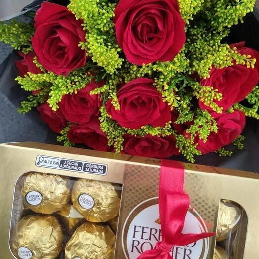 Buquê de rosas vermelhas naturais com ferreiro Rocher