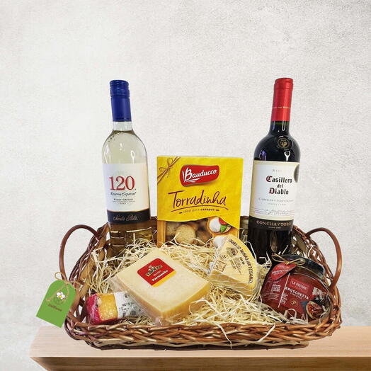 Kit para presente com Vinhos Tinto e Branco, Queijos e Aperitivos