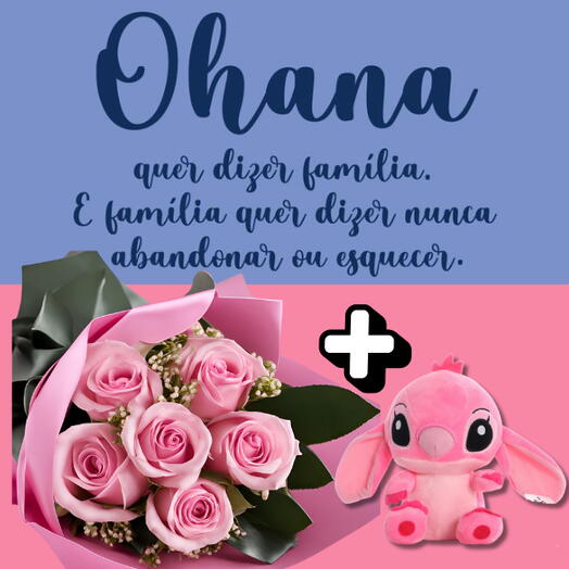 Buquê com 6 Rosas Rosadas Importadas e Angel (Stitch) de Pelucia (Codigo:1410)