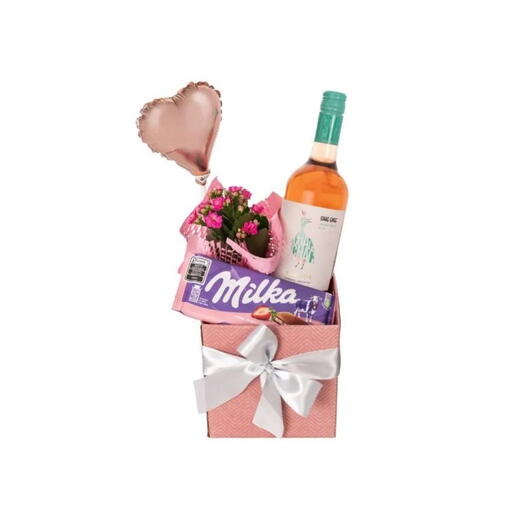 Cesta com Vinho Rose Flores e Chocolate