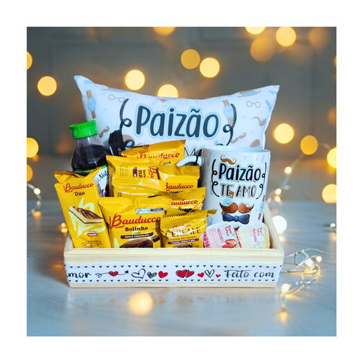 Cesta Cafe Da Manhã/Tarde Com Almofada E Caneca "Paizão Te Amo"
