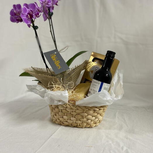 Mini cesta com mini vinho,queijo, chocolate e mini orquidea