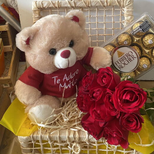 Cesta de Rosas e Urso de Pelucia Com Chocolates