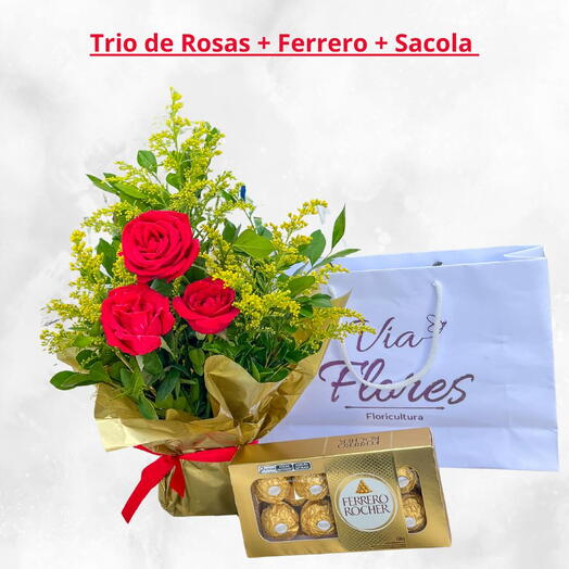 Trio de Rosas com Ferrero na sacola Via Flores