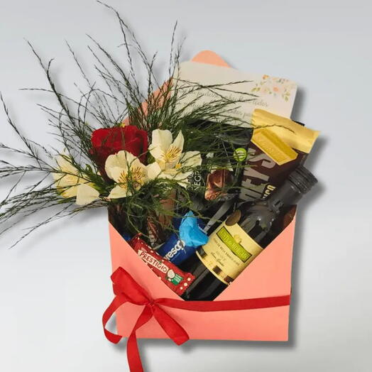 Caixa Envelope com Vinho Flores e Chocolate