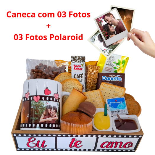 Cesta com Caneca para 03 Fotos e 03 Fotos Polaroids