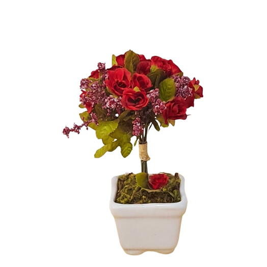 Mini arranjo com mini rosas vermelhas no vaso de cerâmica