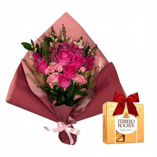 Buque Flores Rosas + Ferrero Rocher