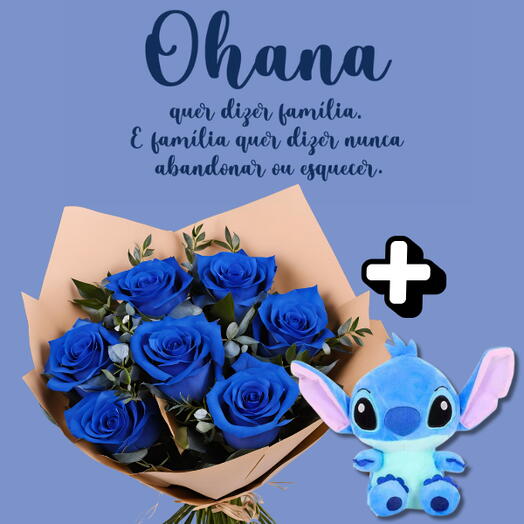 Buquê de 7 Rosas Azuis Importadas e Stitch de Pelucia (Codigo:1409)