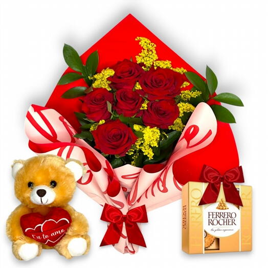 Buquê Premium de Rosas Vermelhas com Urso de Pelucia e Ferrero Rocher  (Codigo:1175)