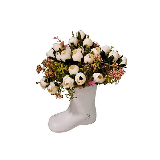 Arranjo bota branca  com flores artificiais variadas