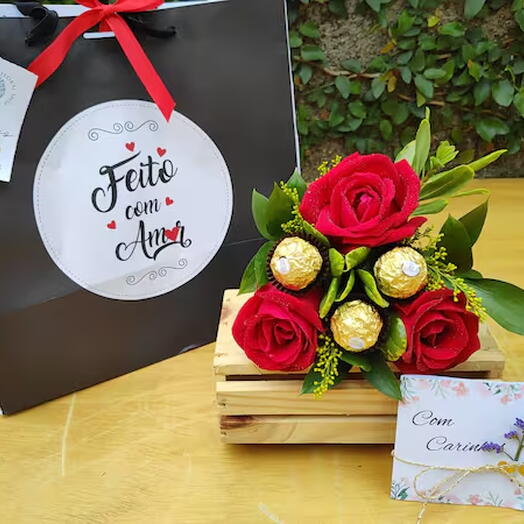 Buquê 3 Rosas Colombianas e 3 Ferreros - Escolha a cor da rosa