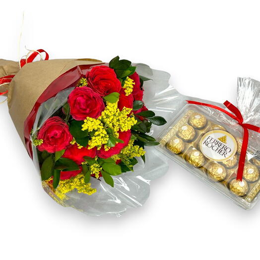 Buquê de 12 Rosas Vermelhas com Chocolates