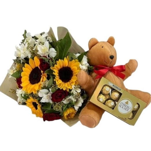 Buquê de Flores+Pelucia+Ferrero Rocher