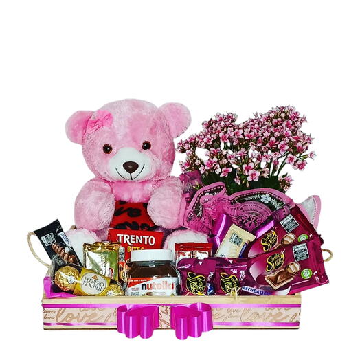 Cesta de Chocolates Grande com Urso e Flor 107