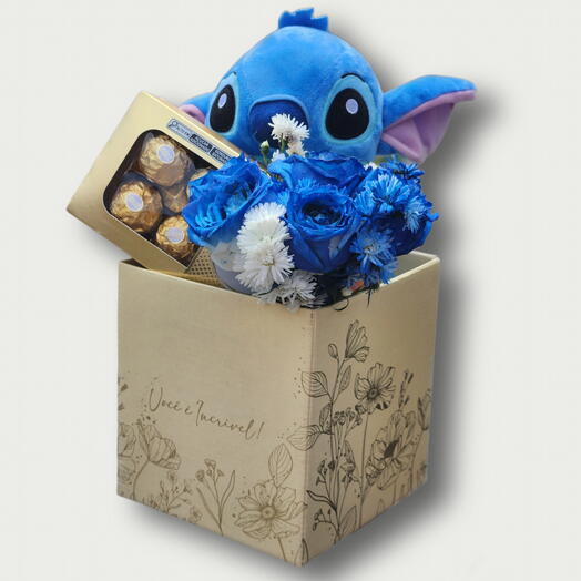 Box Stich Pelucia com Ferrero e Rosas Azuis