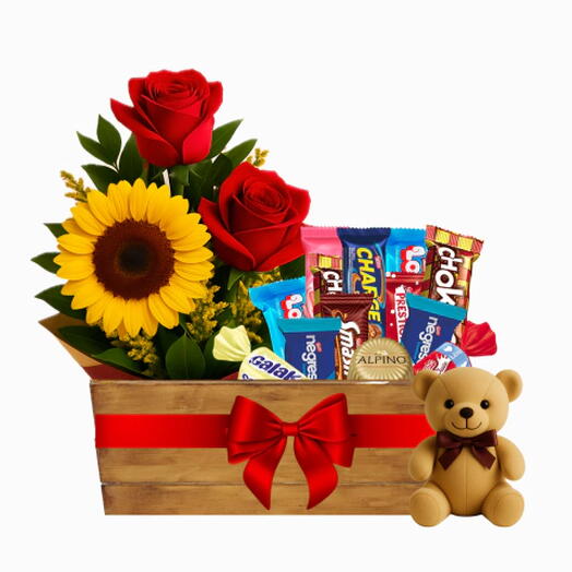 Cesta Doçura de Amor, Trio Rosa + Girassol, Chocolates e Ursinho