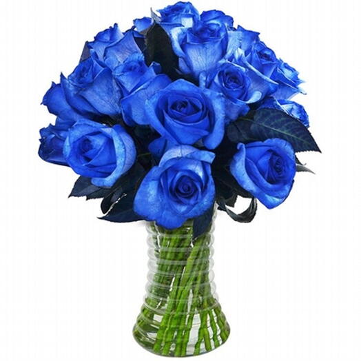 Arranjo de 24 rosas azul e Vaso de Vidro