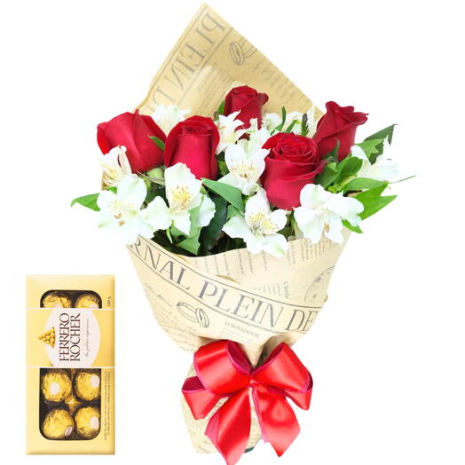 Buquê de Rosas Vermelhas e Astromelias com Ferrero