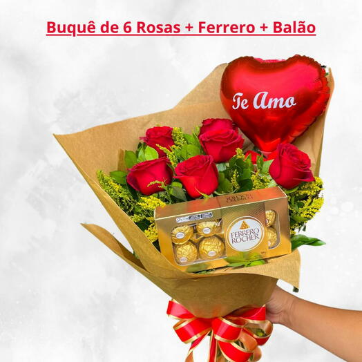 Buquê 6 rosas + Chocolate Ferrero + Balão