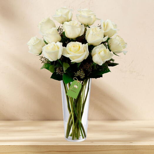 Puro Amor Luxo: Buquê com doze rosas brancas no vaso