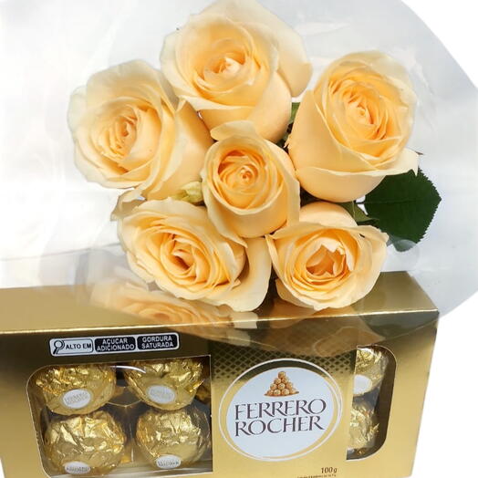 Buquê 6 Rosas Champane   Ferrero Rocher