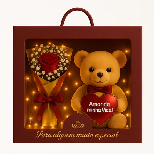Kit Você Ilumina Meus Dias - Rosa Unitaria + Urso Amor da Minha Vida