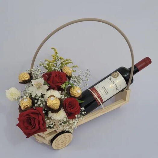 Arranjo de Flores com Vinho e Ferrero Rocher