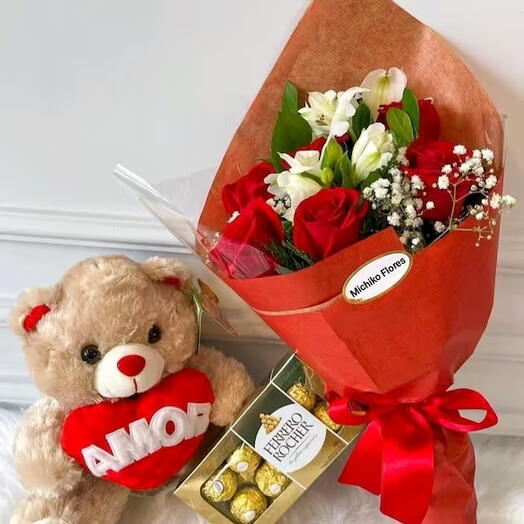 Buquê 5 Rosas + Urso Love You + Bombons